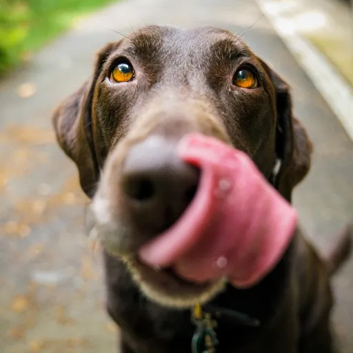 close up of black lab licking his nose
