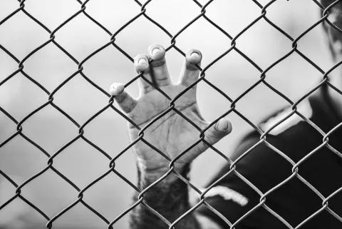 closeup of prisoner's hand on fence